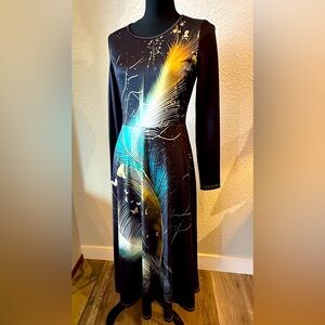 Striking Entrance Black, turquoise, gold, galactic Feather Maxi Print Dress